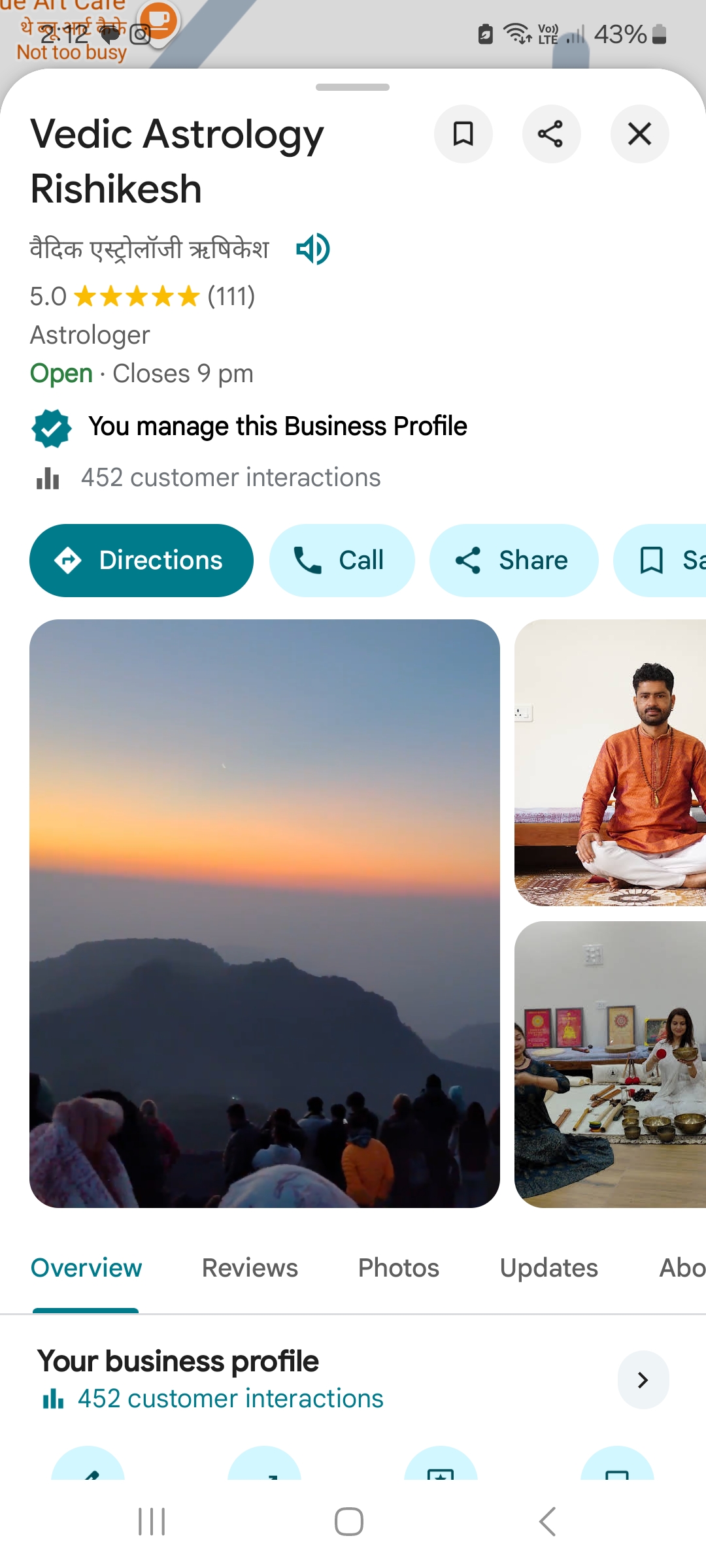 Google business profile screenshot for Vedic Astrology Rishikesh showing 5.0 rating and 111 reviews